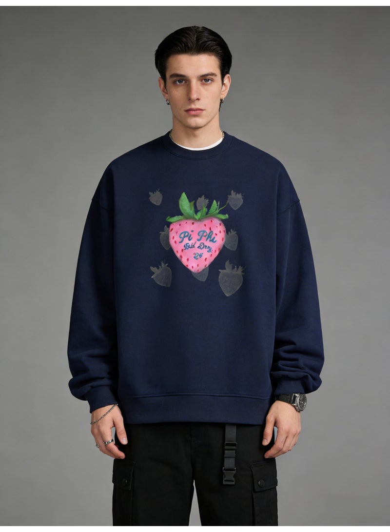 BM INS Navy Blue "Pi Phi Bid Day 24" Strawberry Graphic Oversized Crew Neck Sweatshirt | Unisex Pullover With Hand-Painted Print - Image 4